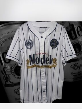 ModelCo White & Navy Pinstripe Men’s Baseball Jersey with Gold Logo